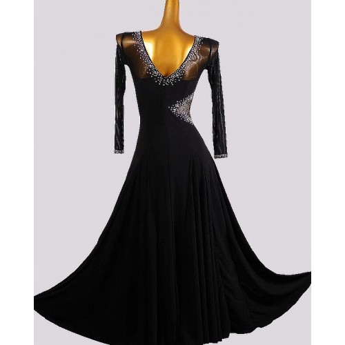 Customized size black lace competition ballroom dance dresses for women girls long sleeves waltz tango foxtrot smooth dance long gown for female